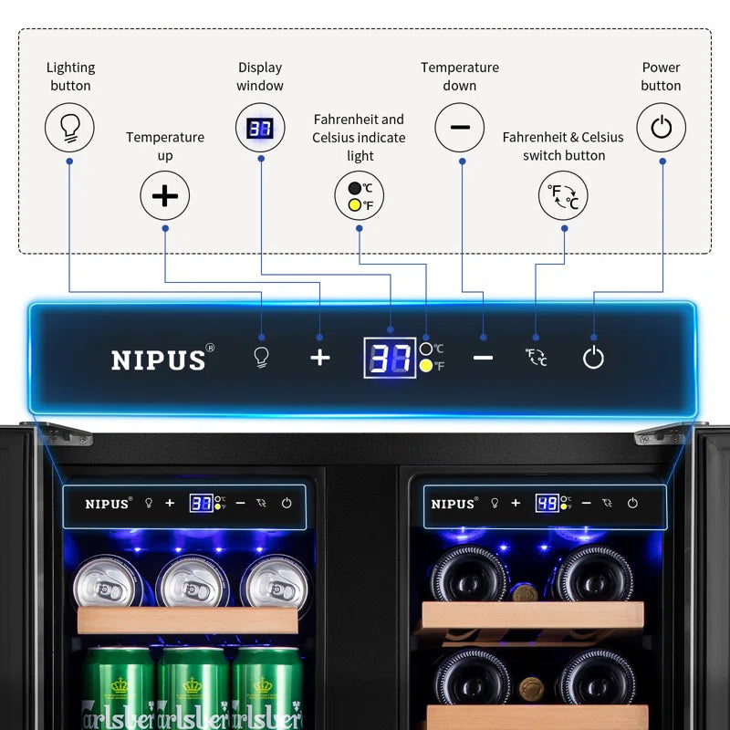 20 Bottle and 60 Can Series Nipus Dual Zone Built-in and Freestanding Wine & Beverage Refrigerator Tempered