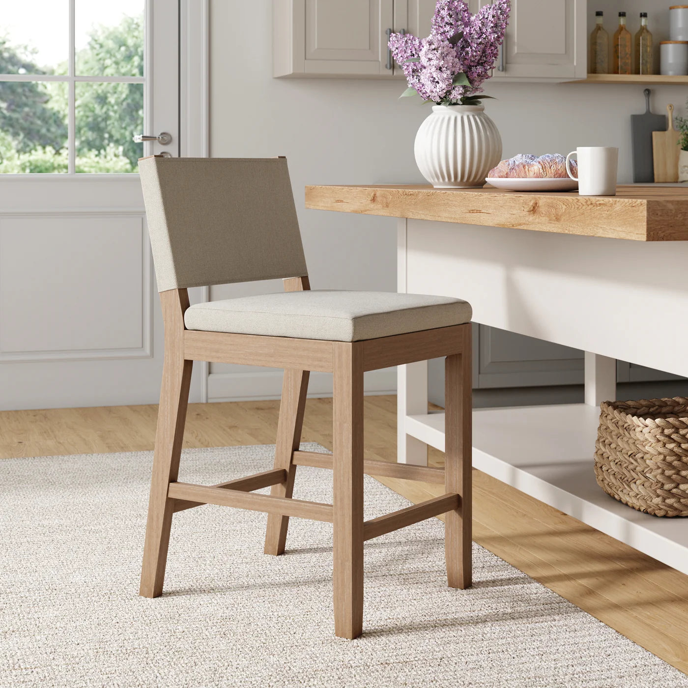 Wood Counter Height Bar Stool Light Brown Flax 1-Piece