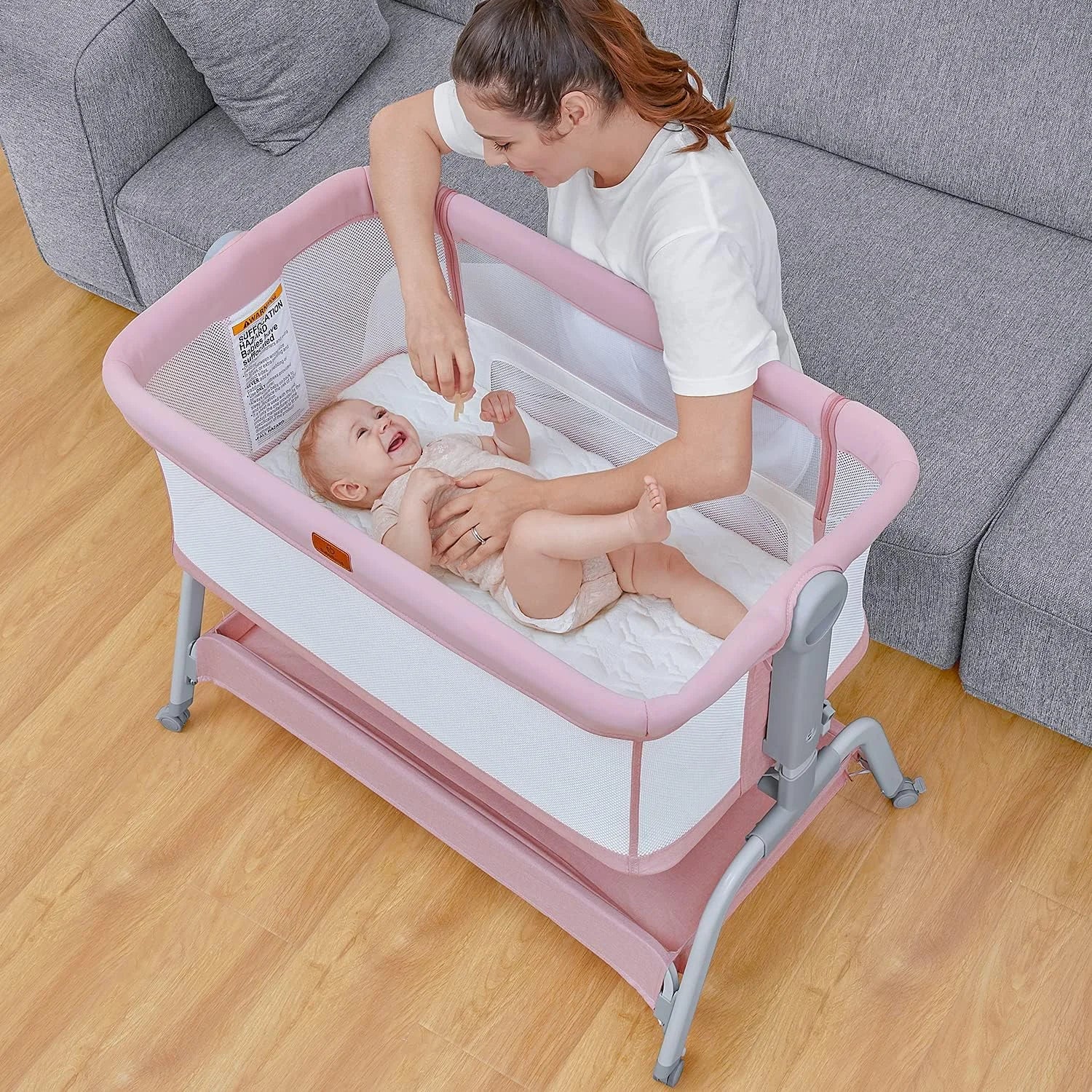 3 in 1 Bassinet Bedside Sleeper with Washable Soft Mattress and Sheet, Pink