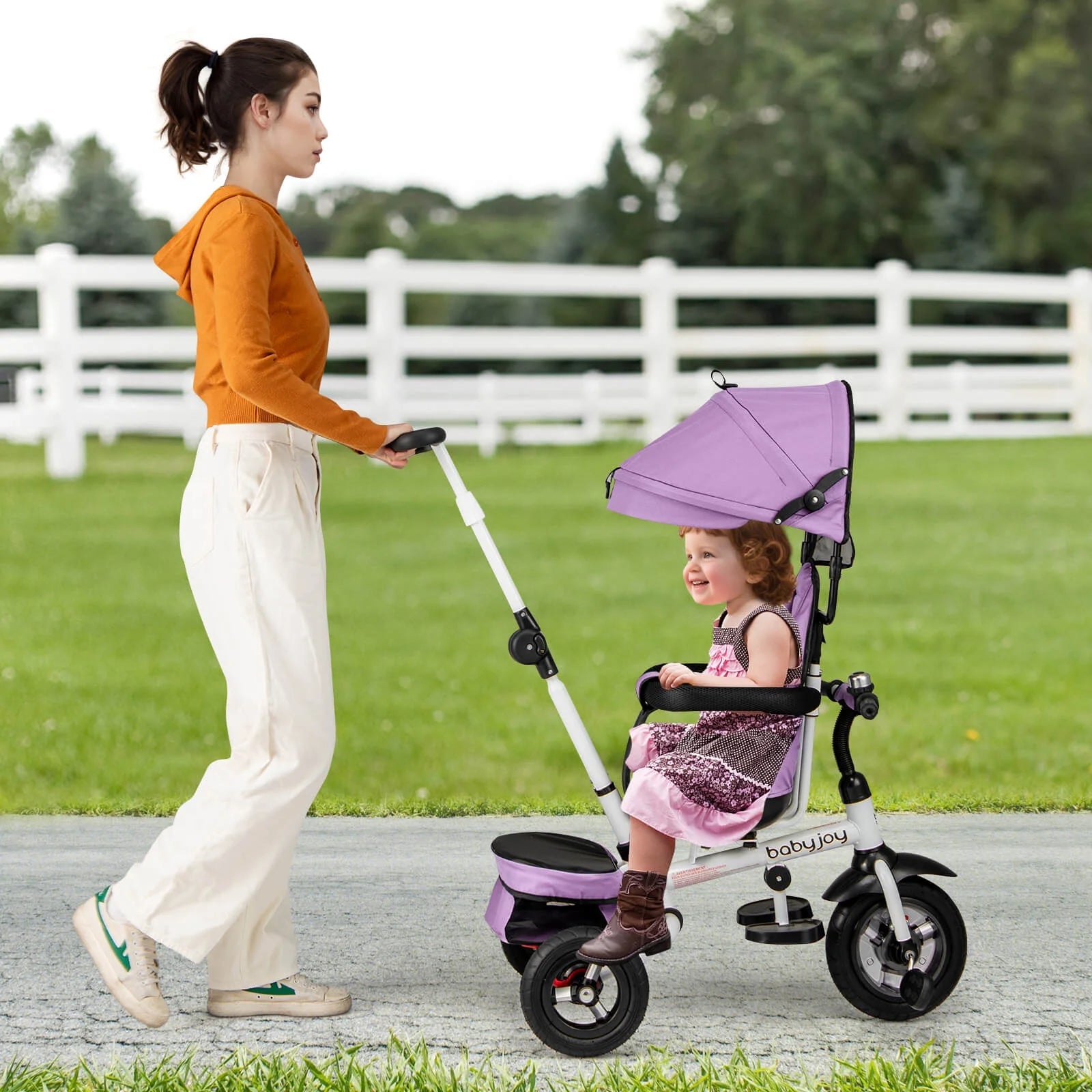 Babyjoy Pink Folding Tricycle with Adjustable Canopy and 360° Reversible Seat