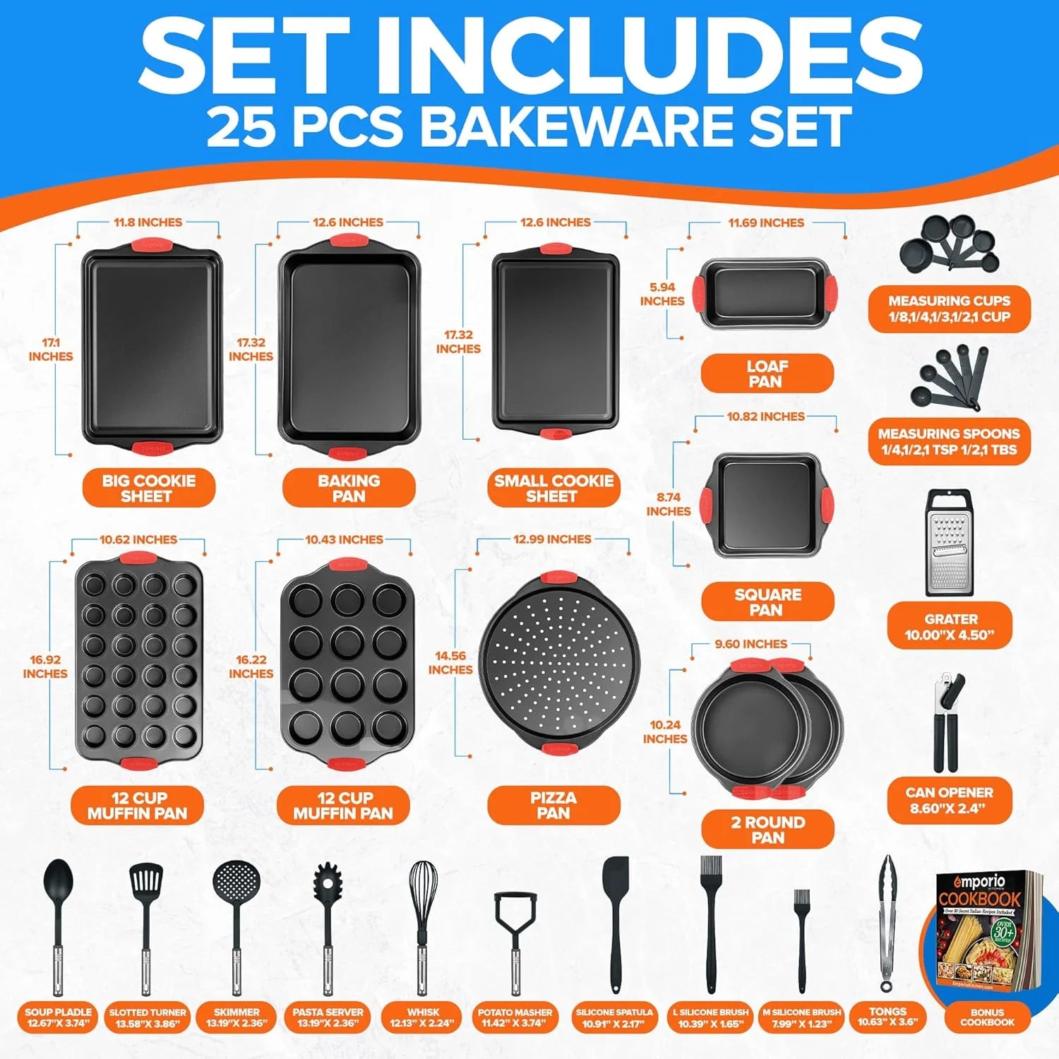 Baking Pan Set - Nonstick Coating, Carbon Steel with Red Silicone Handles, Set of 25 - Black