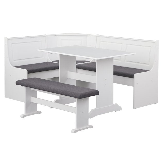 Polly 3-Piece Upholstered Dining Nook Set, White Finish with Gray Upholstered Seat Cushions