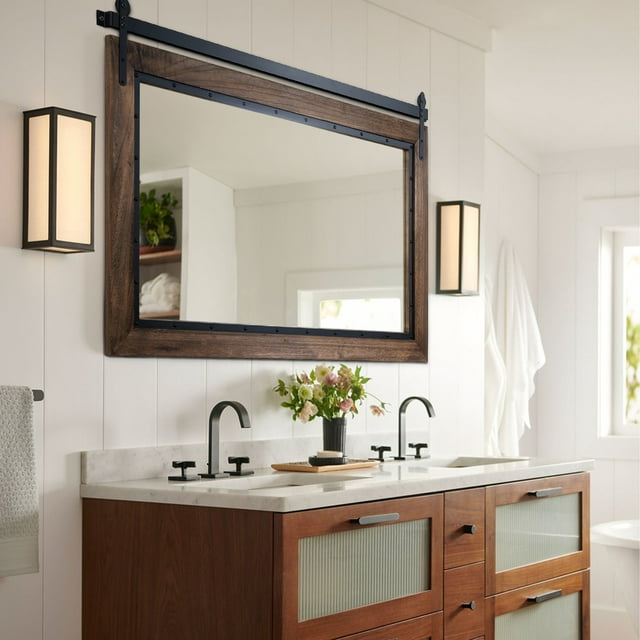 Farmhouse Barn Door Mirror, Rustic Bathroom Mirror, Wood Frame Wall Mirror, Wooden Mirror for Living Room Bedroom Entryway Wall Dcor