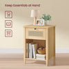 Boho Nightstand, Bedside Table with Drawer Cane Accent Bedside End Table with Solid Wood Legs