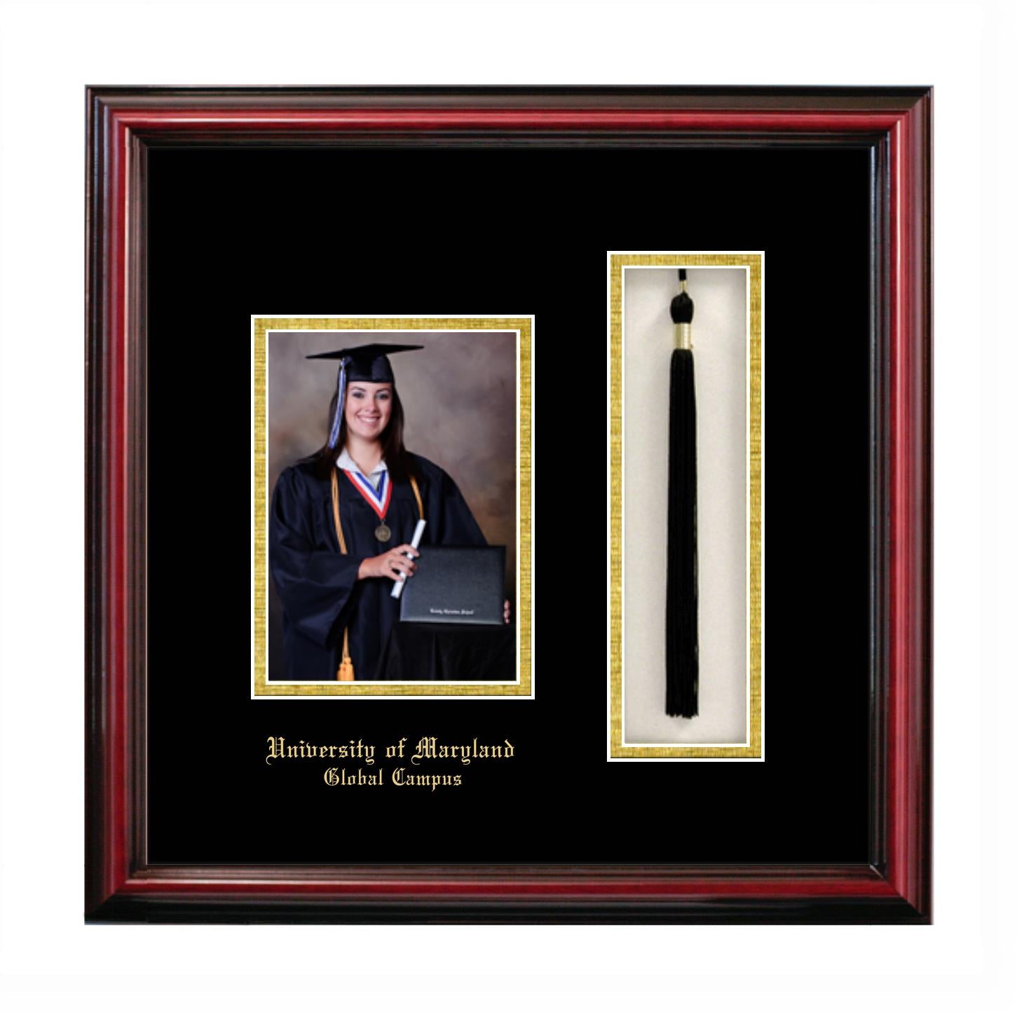 Portrait with Tassel Box Frame in Petite Cherry with Black & Gold Mats