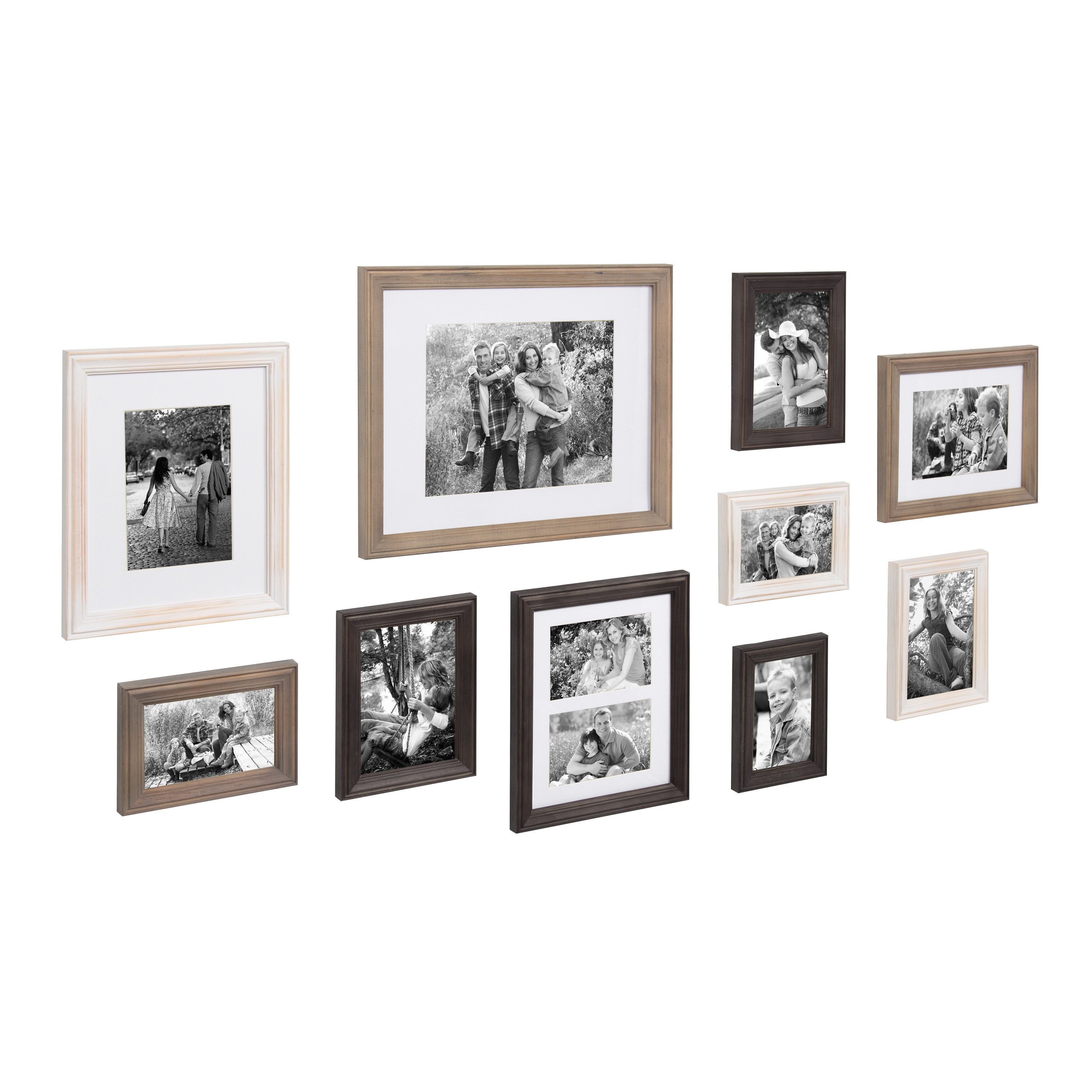 Bordeaux Gallery Wall Kit, Set of 10 with Assorted Size Frames in 3 Different Finishes - White Wash, Charcoal Gray, and Rustic Gray