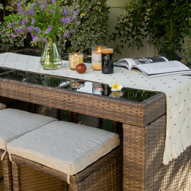 7 Pieces Patio Rattan Wicker Bar Table Stools Dining Set Cushioned Chairs Garden Backyard, Brown