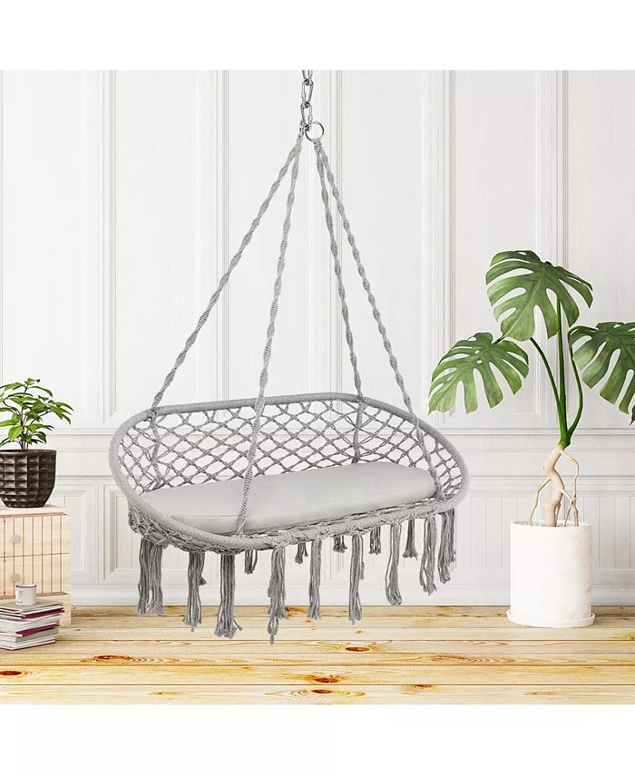 2 Person Hanging Hammock Chair w/ Cushion Macrame Swing 330 lbs Capacity Grey