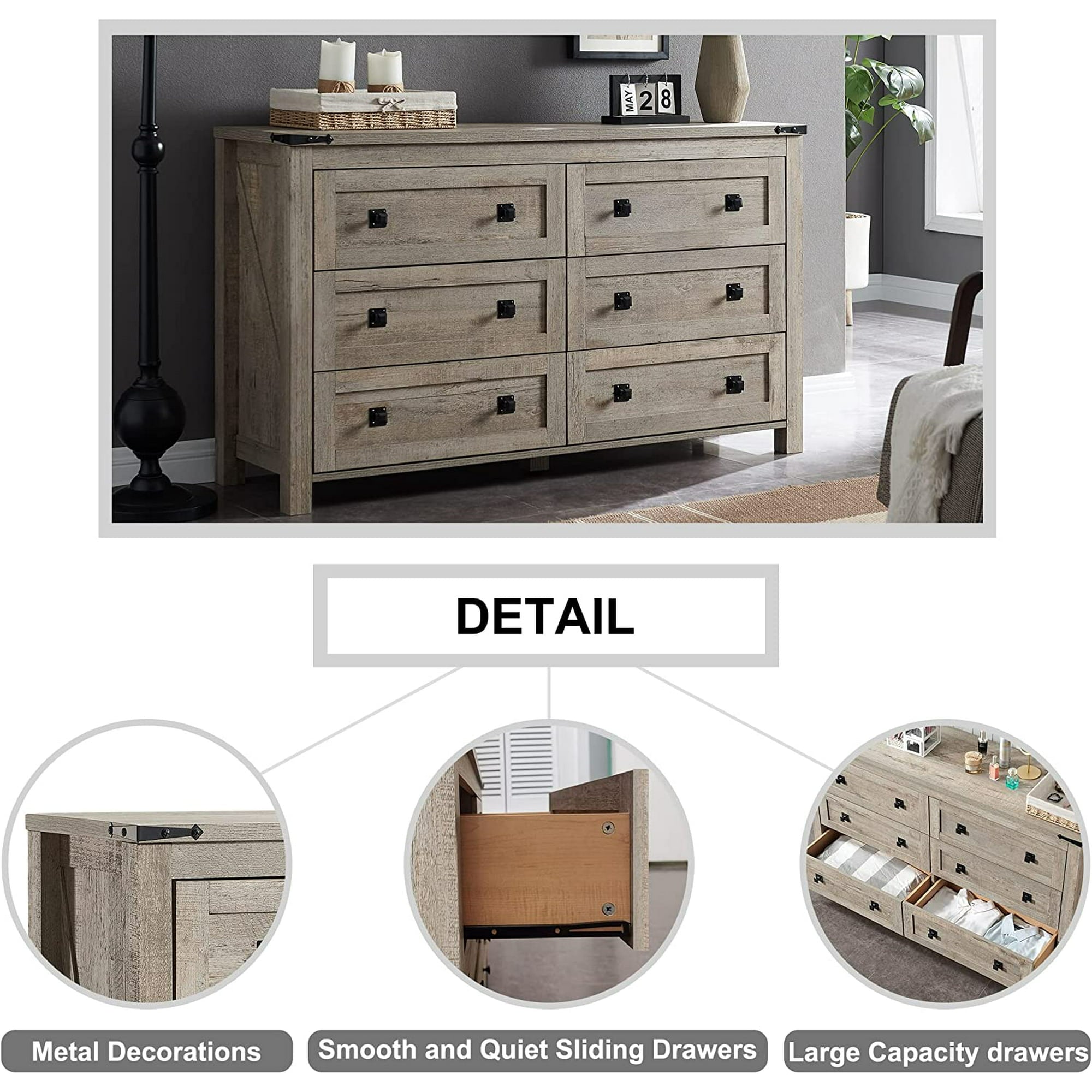 6 Drawers Dresser Chests for Bedroom Farmhouse, Wood Rustic Tall Chset of Drawers, Light Rustic Oak