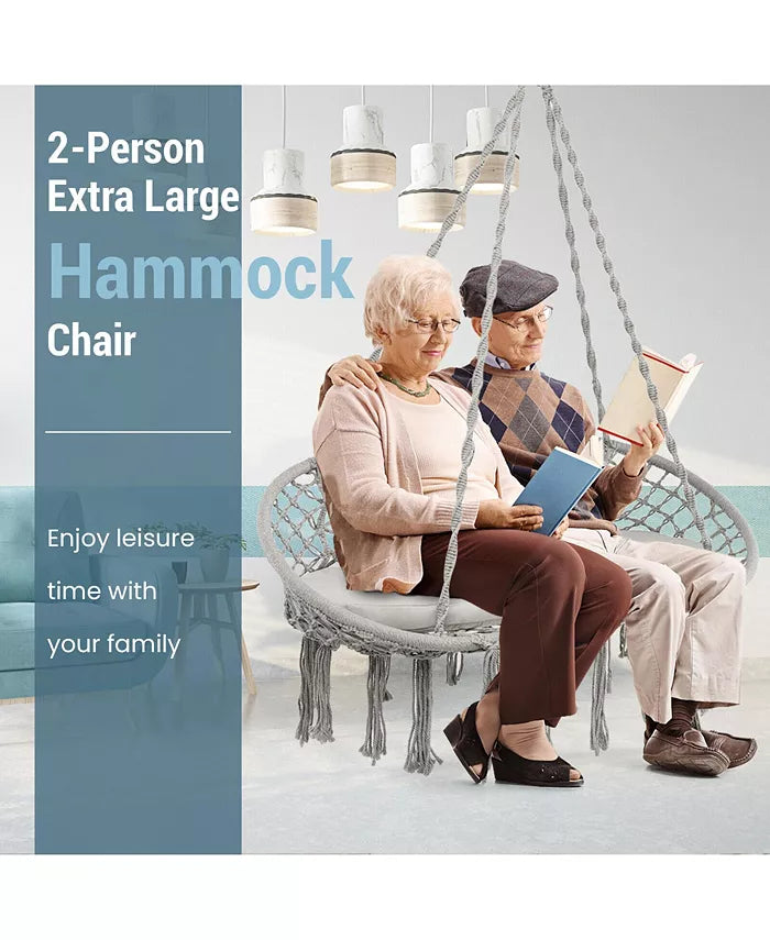 2 Person Hanging Hammock Chair w/ Cushion Macrame Swing 330 lbs Capacity Grey