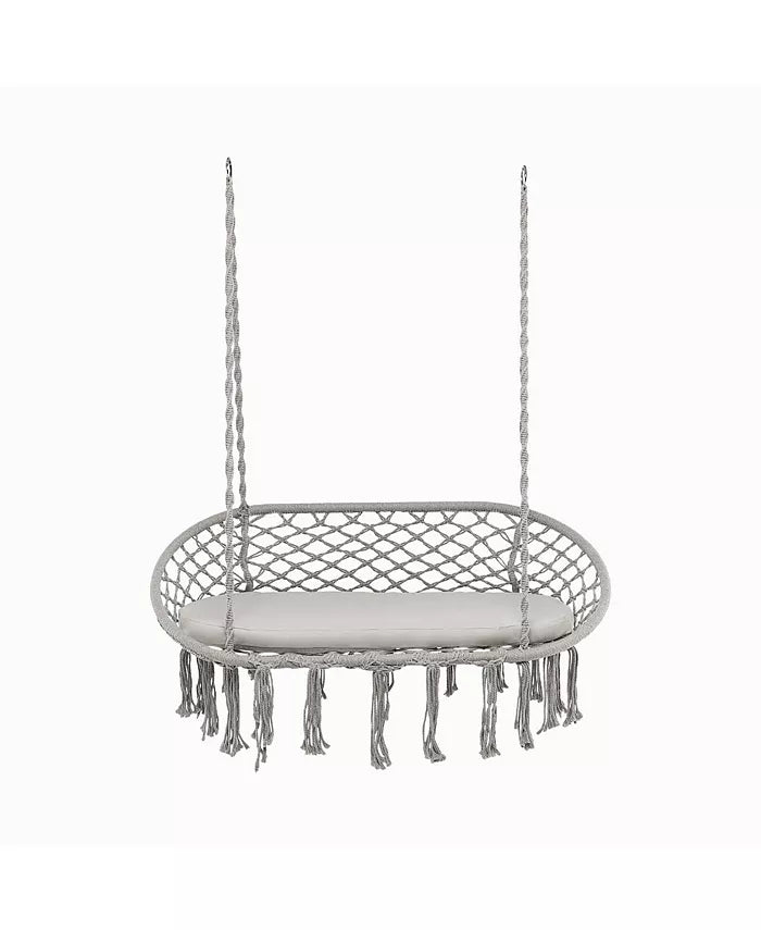 2 Person Hanging Hammock Chair w/ Cushion Macrame Swing 330 lbs Capacity Grey