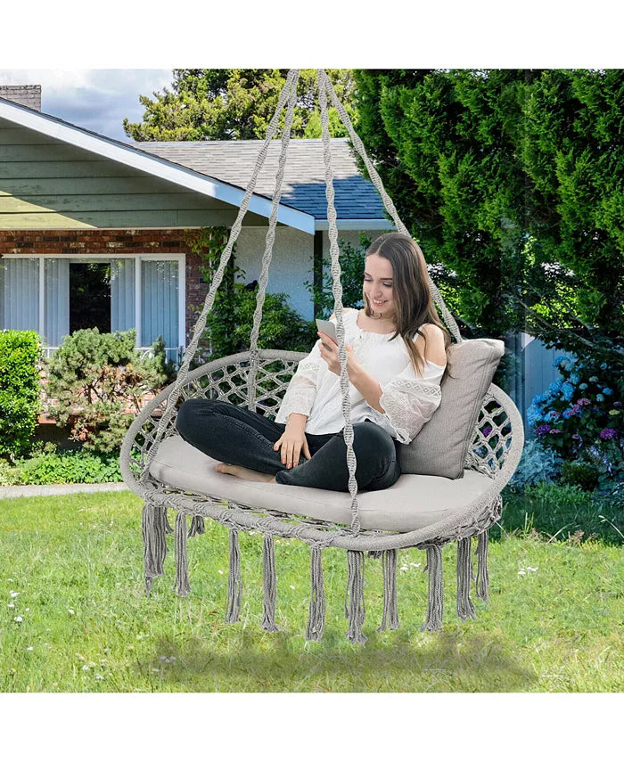 2 Person Hanging Hammock Chair w/ Cushion Macrame Swing 330 lbs Capacity Grey