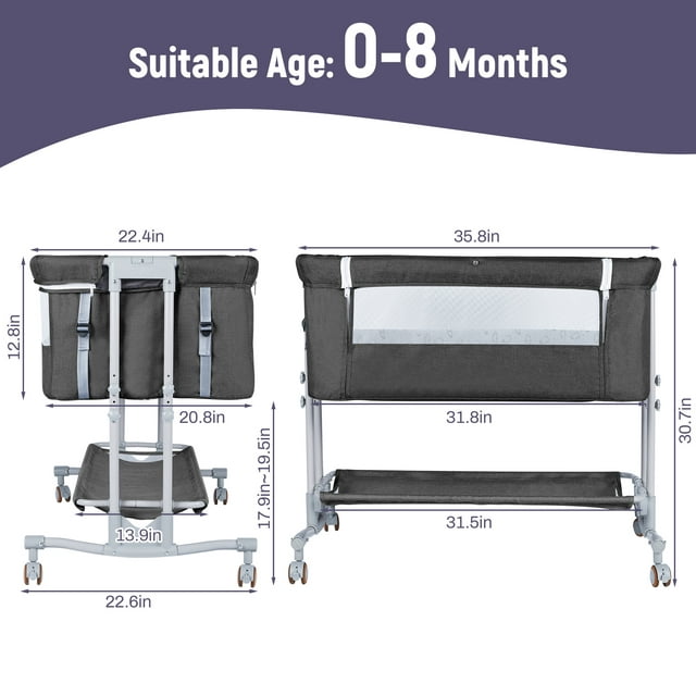 Baby Bassinet Bedside Sleeper Bassinet For 0-6 months Baby Unisex (Dark Gray)
