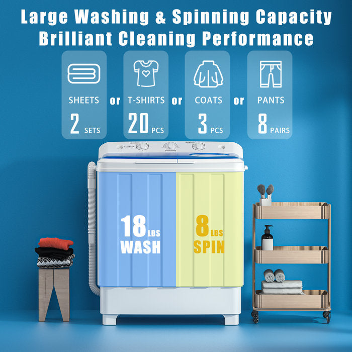 28Lbs Portable Washing Machine Compact Twin Tub Washer Spinner With Drain Pump Timer