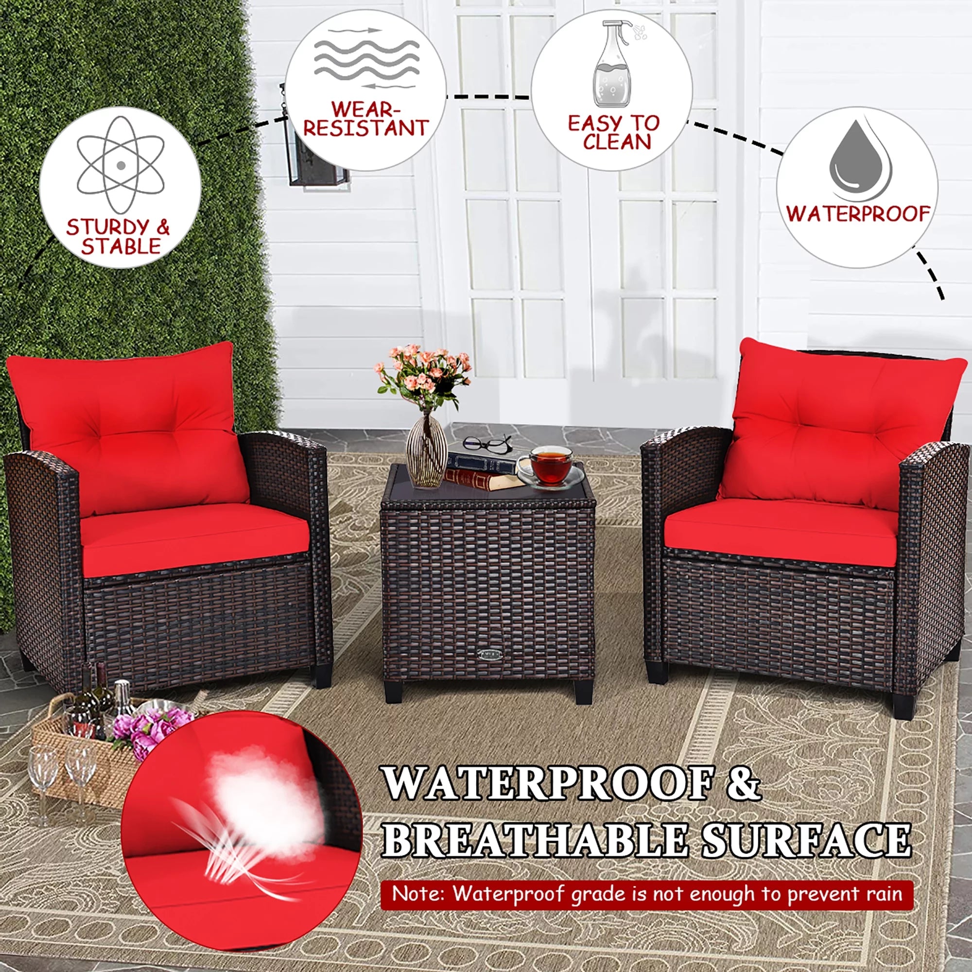 3PCS Patio Rattan Furniture Set Cushioned Conversation Set Sofa Coffee Table Red