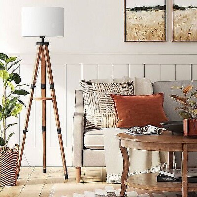 Wood Tripod Floor Lamp with Shelf Brown (Includes LED Light Bulb)