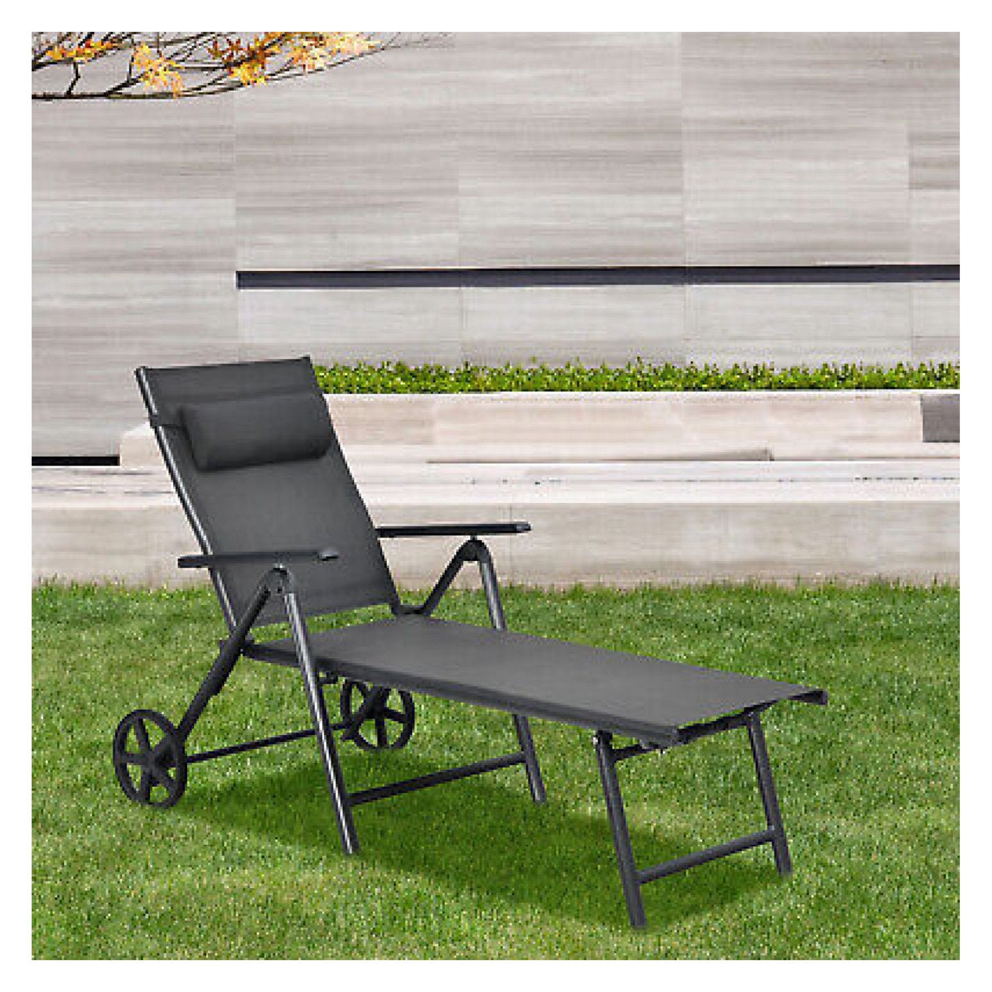 Patio Lounge Chair W/ Wheels Aluminum Frame Adjustable