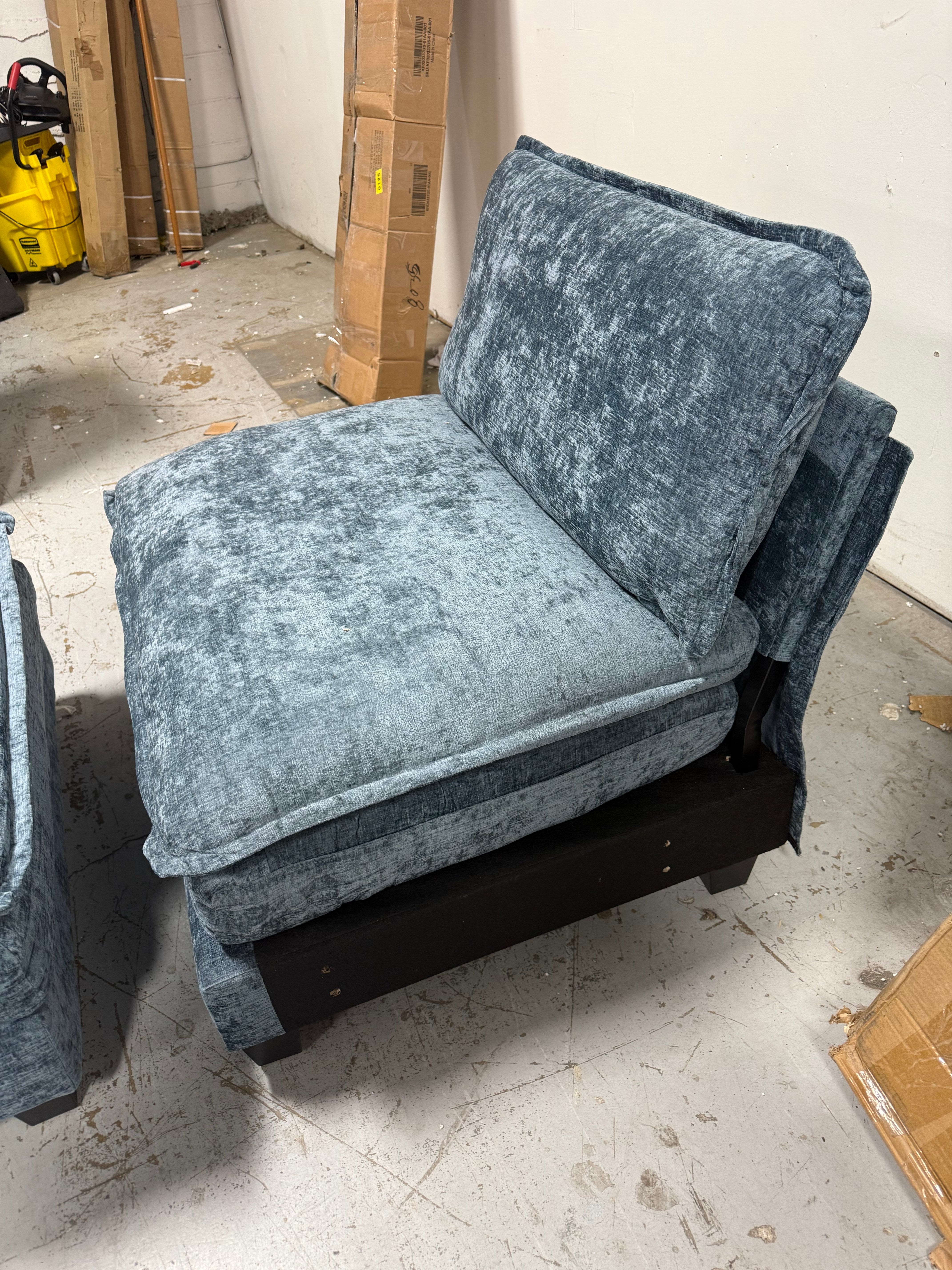 Blue Velvet Ottoman and Armless Chair