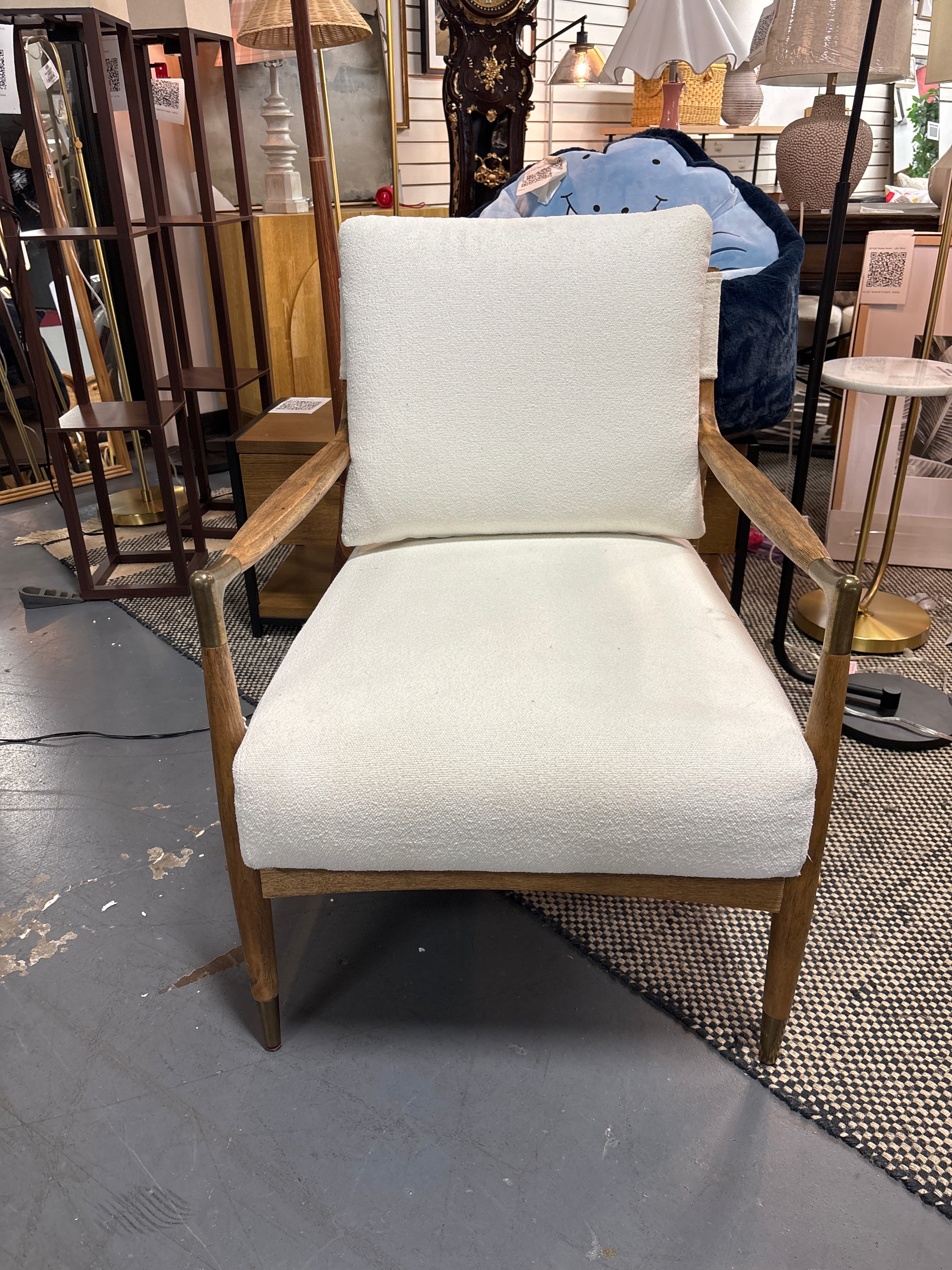 Boucle Upholstered Accent Arm Chair with Brass Details SHOWROOM ITEM