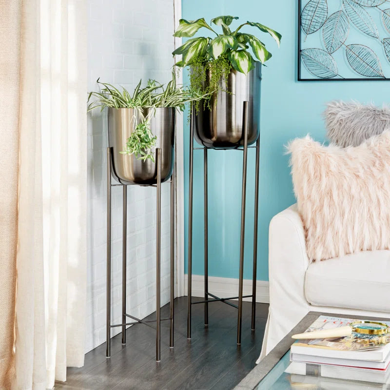 2 - Piece Metal Tall Indoor Outdoor Dome Indoor Outdoor Planter with Removable Stand Set