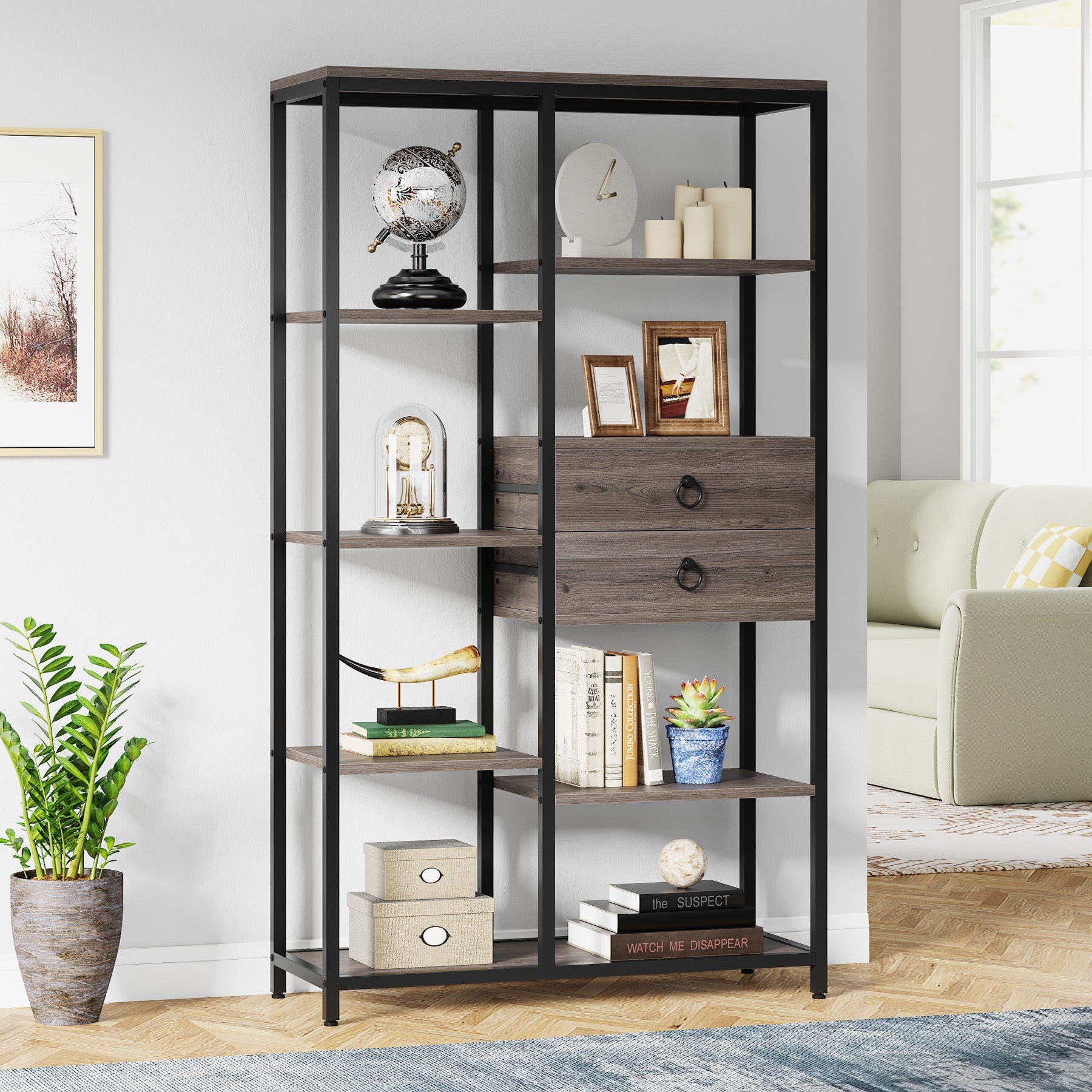 Bookshelf, 5 Shelf Etagere Bookcase with 2 Drawers