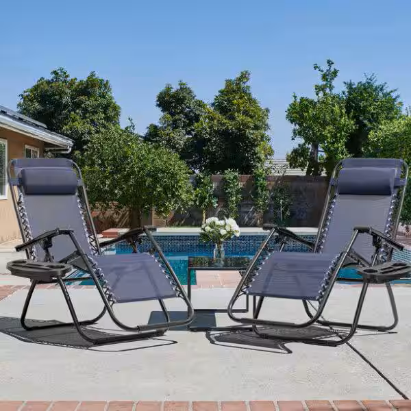 2-Piece Dark Blue Zero Gravity Black Metal Lawn Chair Set Adjustable Folding Beach Chair with Pillows and Cup Holders