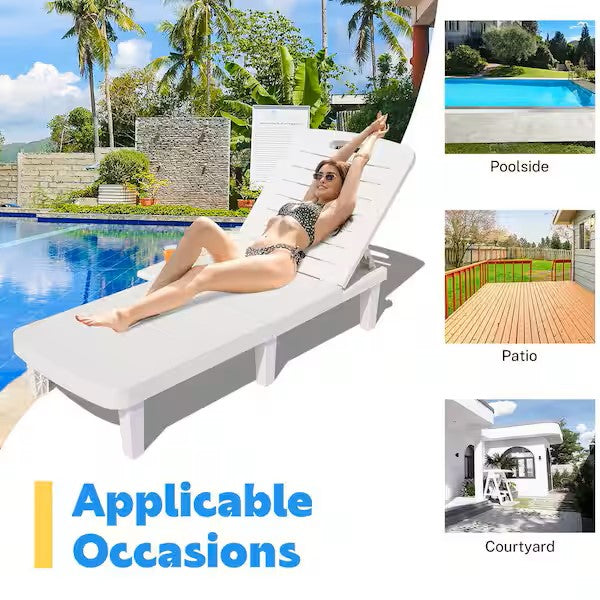 1-Piece Plastic Outdoor Chaise Lounge with Retractable Tray
