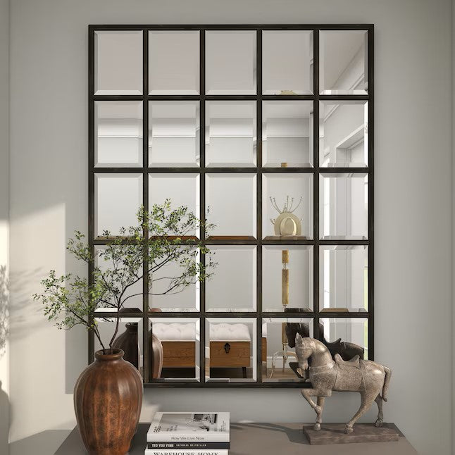 Window Pane Inspired Rectangle Framed Brown Wall Mirror