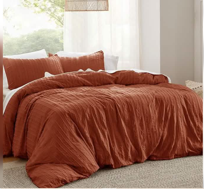 Striped Tufted Embroidery Duvet Cover Set - Queen - Terracotta