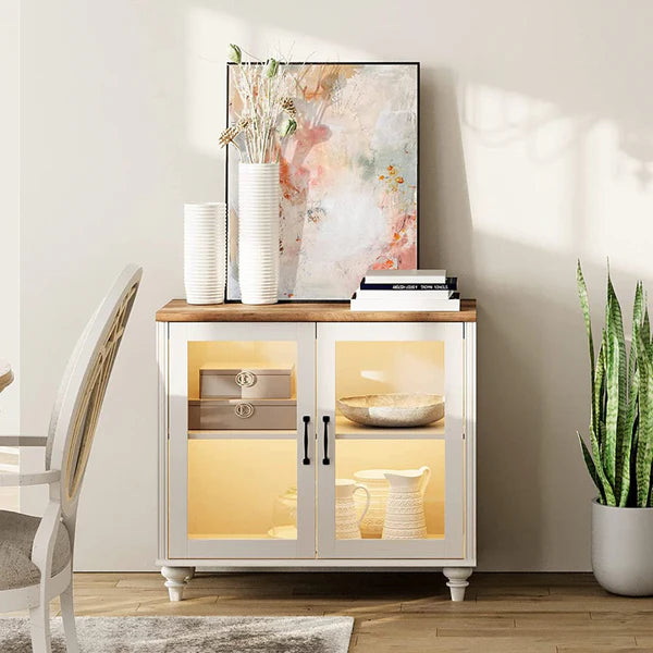 34"TV Stand for 43 Inch TV with Yellow LED Light, Kitchen Sideboard Buffet Cabinet with Glass Door for Dining Room, Off White