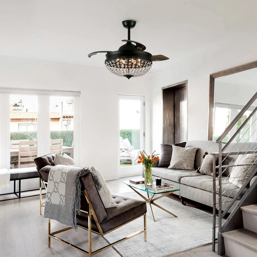 Black Retractable 3-Blade Crystal Chandelier Ceiling Fan with Remote