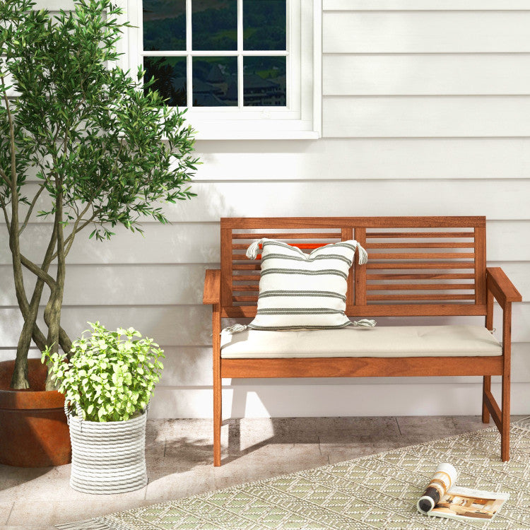 2-Person Solid Wood Patio Bench with Backrest and Cushion - SHOWROOM ITEM
