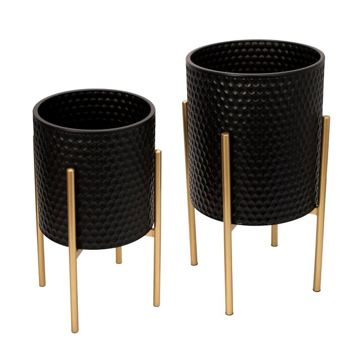 Black/Gold 2 Piece Honeycomb Planter Pot Set on Metal Stands, Indoor Outdoor