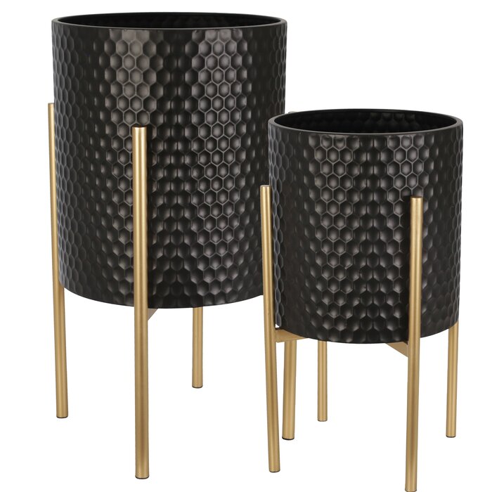 Black/Gold 2 Piece Honeycomb Planter Pot Set on Metal Stands, Indoor Outdoor