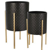 Black/Gold 2 Piece Honeycomb Planter Pot Set on Metal Stands, Indoor Outdoor