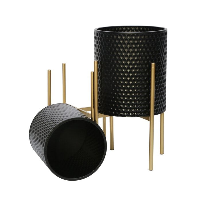 Black/Gold 2 Piece Honeycomb Planter Pot Set on Metal Stands, Indoor Outdoor