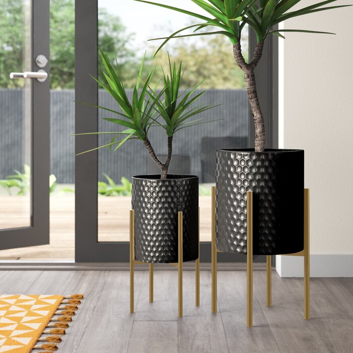 Black/Gold 2 Piece Honeycomb Planter Pot Set on Metal Stands, Indoor Outdoor