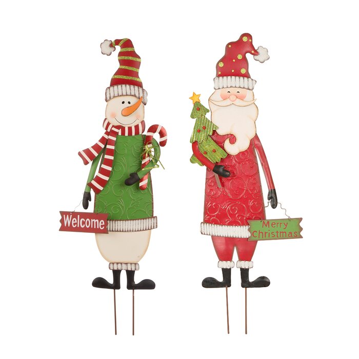 2 Piece Metal Christmas Snowman & Santa Yard Stake