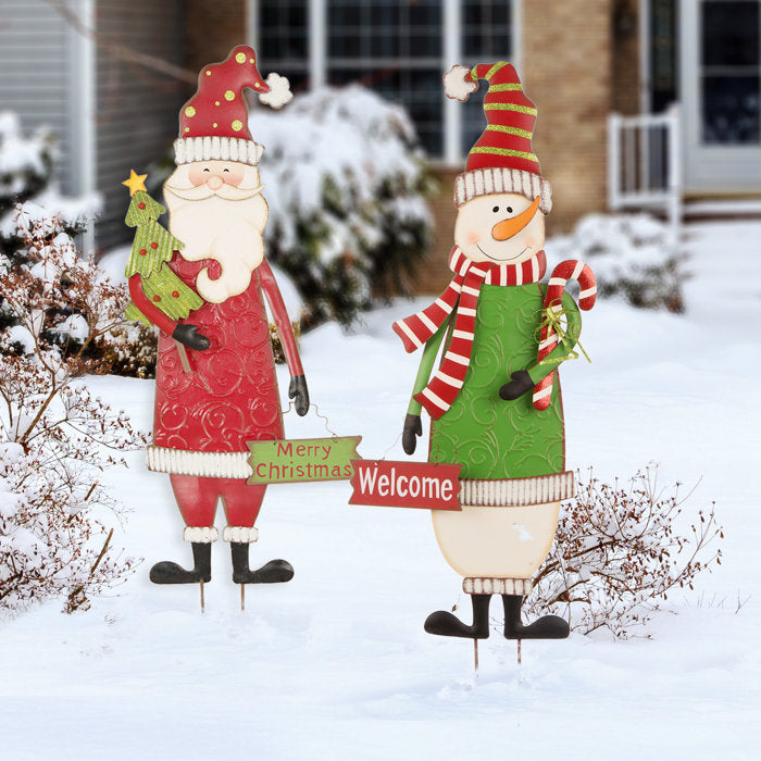 2 Piece Metal Christmas Snowman & Santa Yard Stake