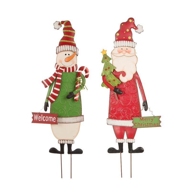 2 Piece Metal Christmas Snowman & Santa Yard Stake or Standing Decor or Wall Decor Set