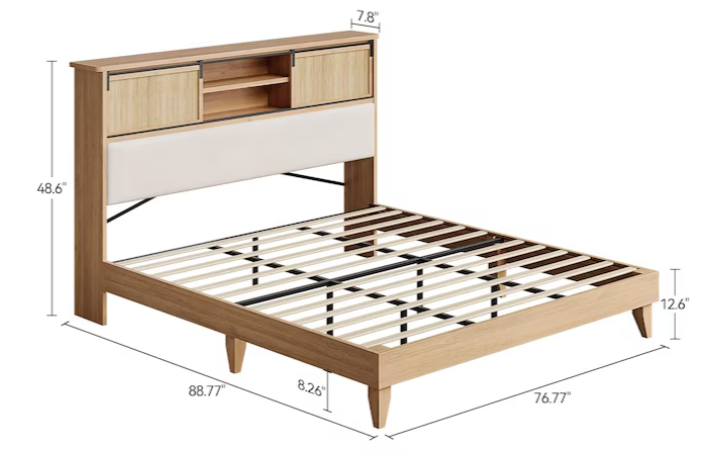 Rattan Bed Frame King with Shelves Boho Headboard Sliding Door 2-BOXES