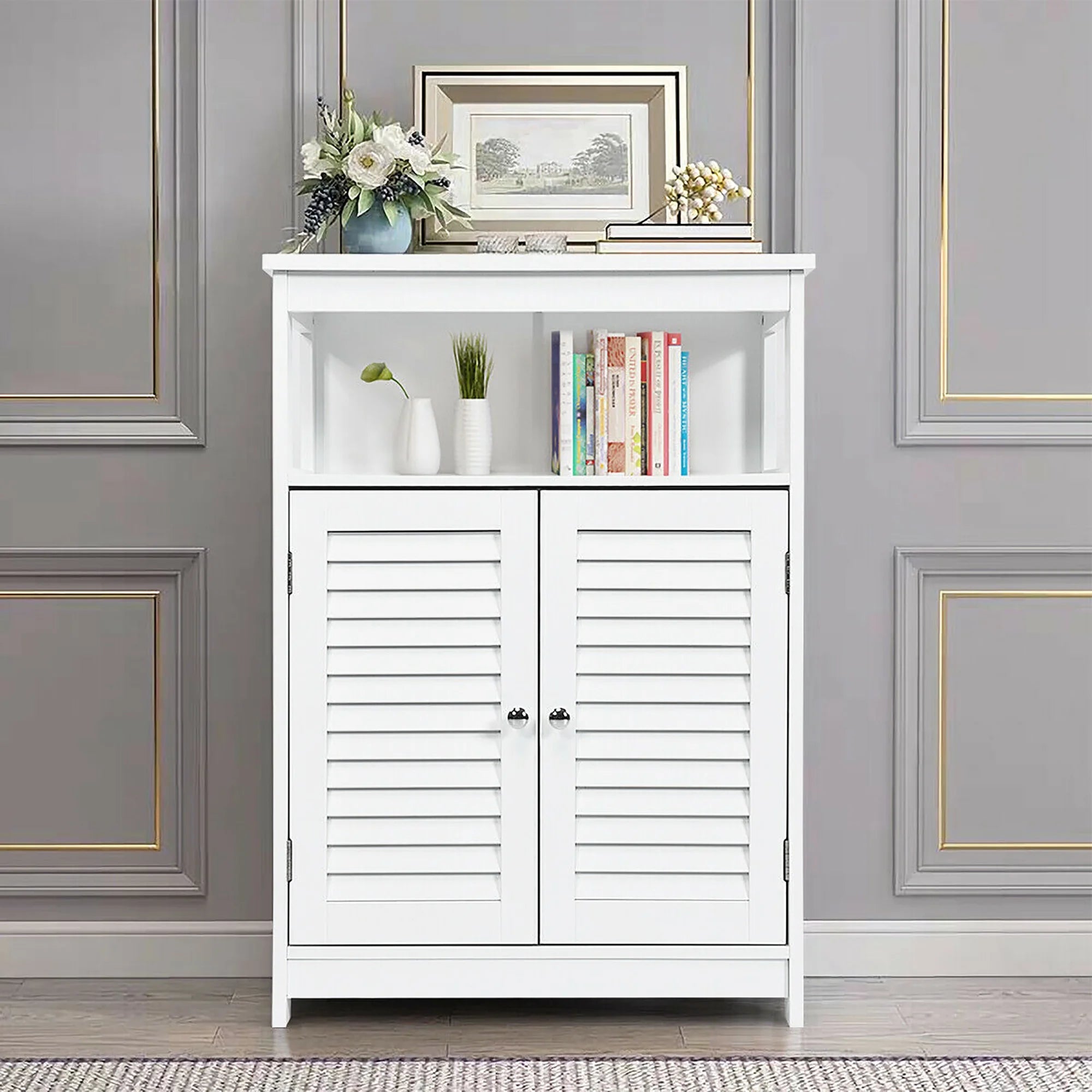 Bathroom Storage Wood Floor Cabinet with Double Shutter Door White