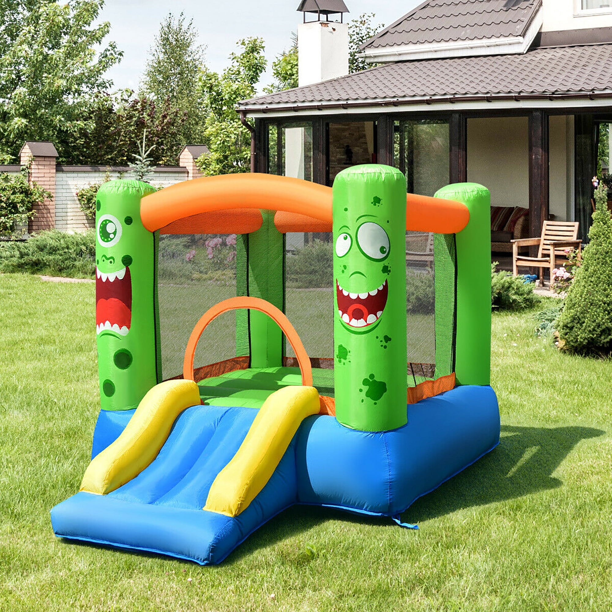 Multi-Color Inflatable Bounce House Jumper Castle Kids Playhouse with Basketball Hoop and Slide