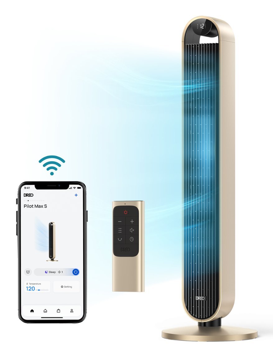 120°Oscillating Bladeless Fan for Bedroom, 25dB Quiet DC Motor, Standing Fan with Remote, 12 Hyper Wind Speeds - Gold