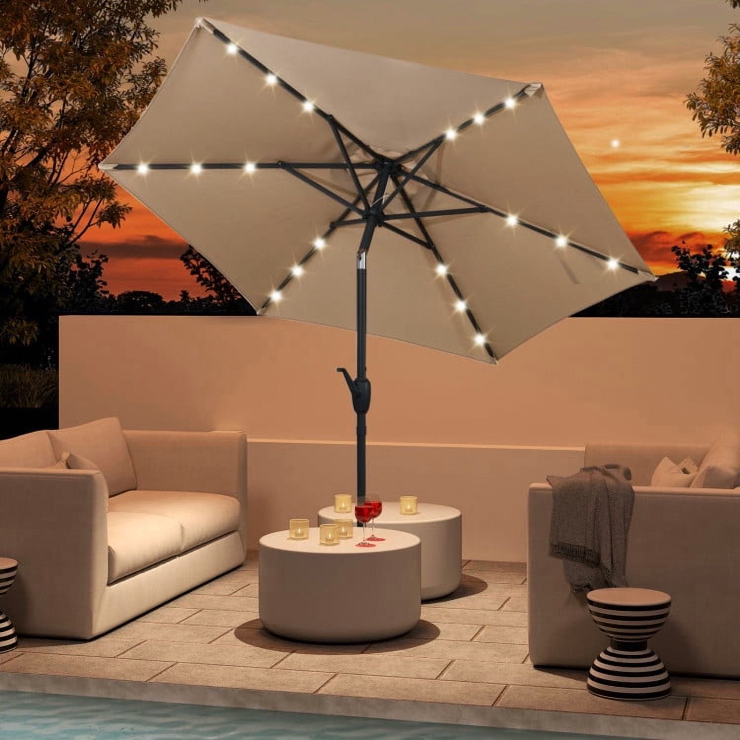Outdoor Patio Umbrella,  Solar Powered Patio Umbrella with LED Lights and Crank Handle