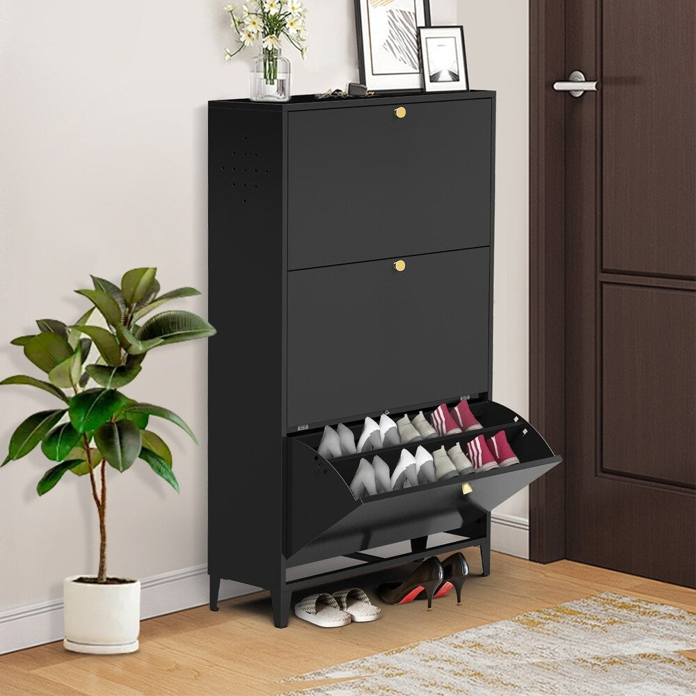 3 Drawer All Steel Shoe Cabinet, Freestanding Shoe Rack Storage Organizer with Flip Door, Modern Tipping Bucket Shoe Cabinet