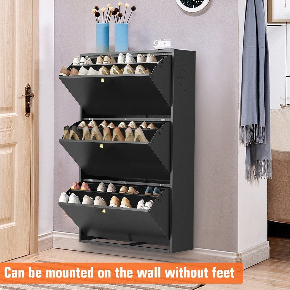 3 Drawer All Steel Shoe Cabinet, Freestanding Shoe Rack Storage Organizer with Flip Door, Modern Tipping Bucket Shoe Cabinet