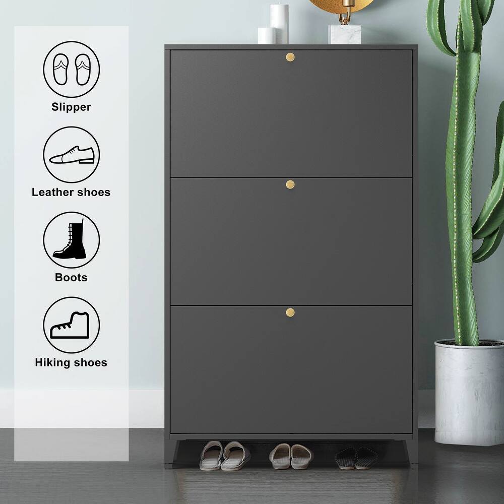 3 Drawer All Steel Shoe Cabinet, Freestanding Shoe Rack Storage Organizer with Flip Door, Modern Tipping Bucket Shoe Cabinet