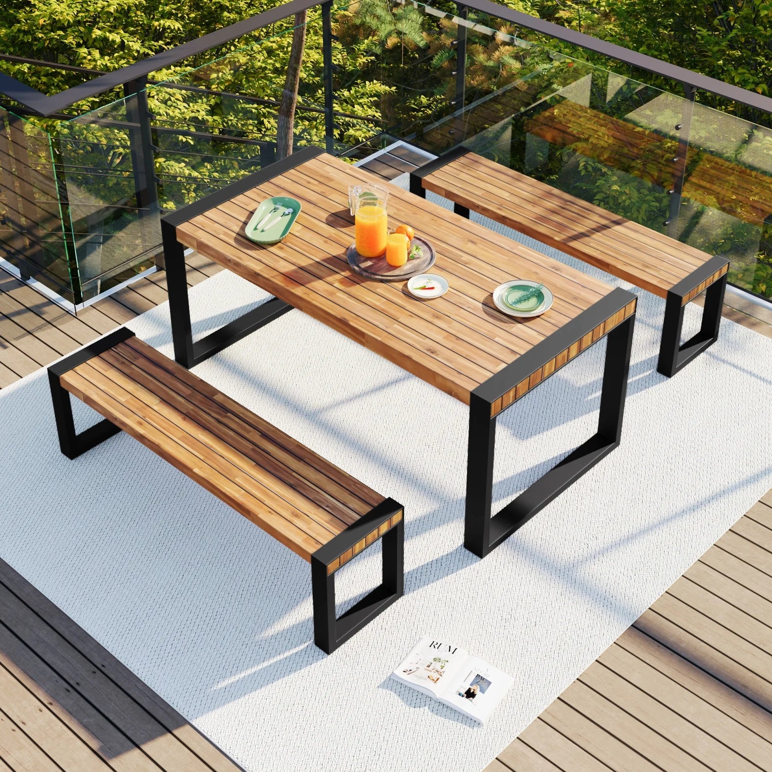 1pc Outdoor Patio Bench - Natural Wood/Black Steel SHOWROOM ITEM