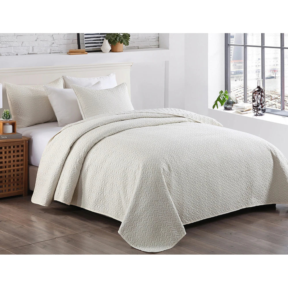 3-piece Fashionable Solid Embossed Quilt Set Bedspread Cover - White coin - King